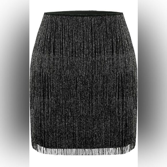 ✨ Maner Women’s Black Silver Fringe Mini Skirt Large NWT Concert - Picture 1 of 11